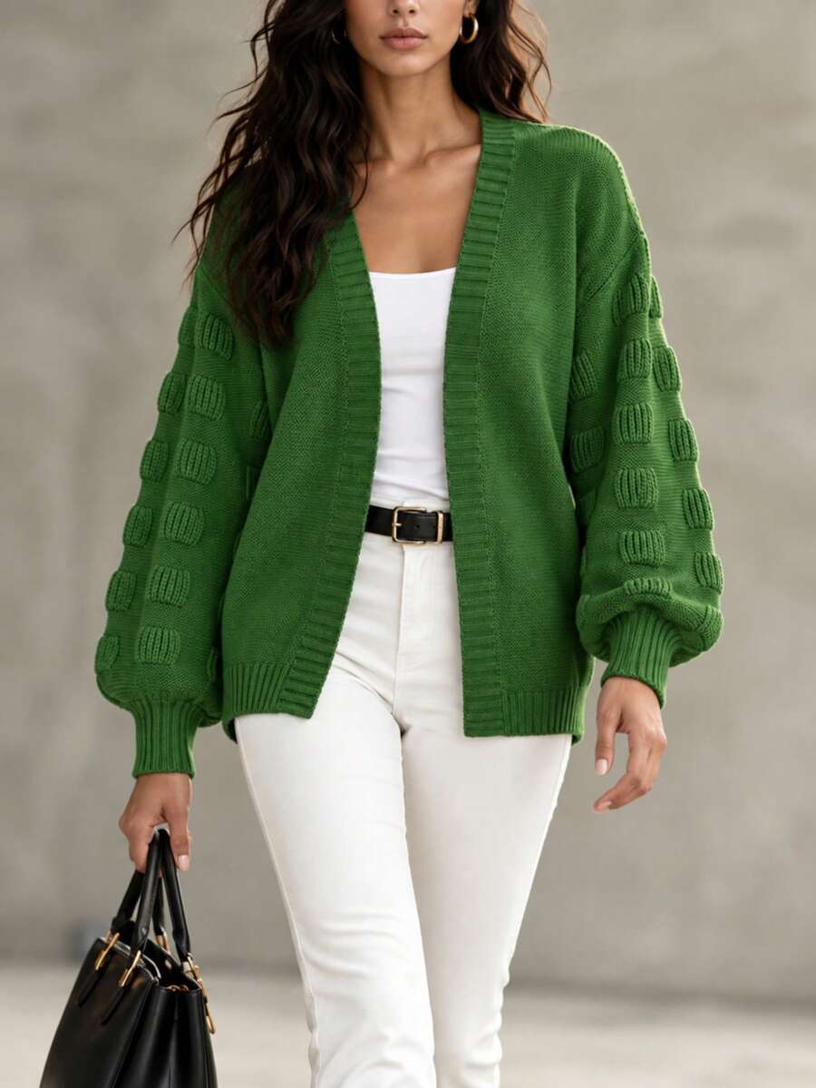 Plus Size Women's Green Cardigan, Long Sleeve Knit Fabric, Dropped Shoulder Design, Regular Length, Fashion Ribbed Knit - Green - View 1