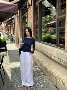 女款修身船領長袖針織休閒優雅內搭T恤上衣 - 藏青色 - 查看 2