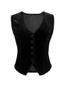 Women's Vintage Royal Style Layered Velvet Vest, V-Neck Single-Breasted Slim Fit Waistcoat Top - Black - View 9