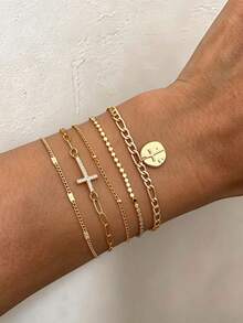 5pcs Exquisite Cubic Zirconia Cross Charm Bracelet Set, Multi-Layer Stackable, Suitable For Women's Daily Wear And Dating - Yellow Gold - View 1
