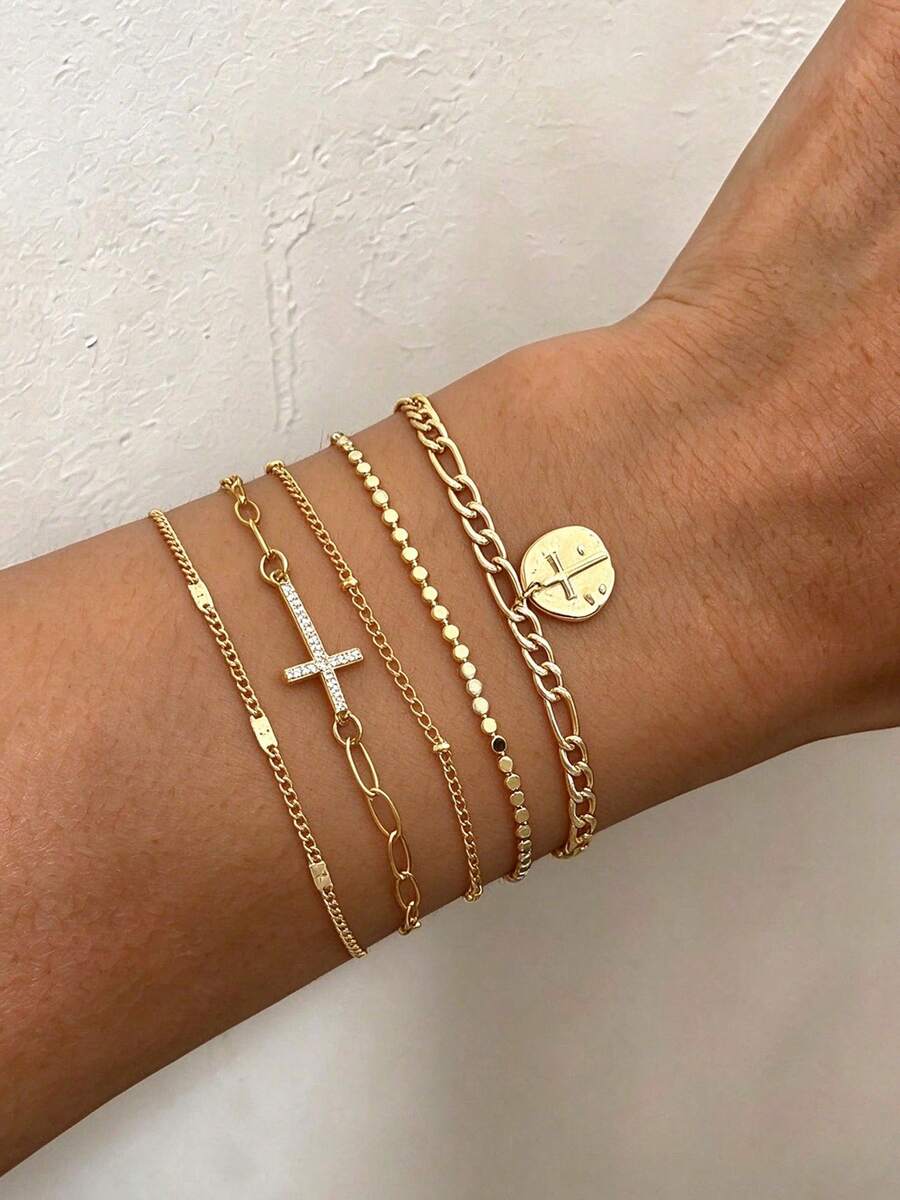 5pcs Exquisite Cubic Zirconia Cross Charm Bracelet Set, Multi-Layer Stackable, Suitable For Women's Daily Wear And Dating - Yellow Gold - View 1
