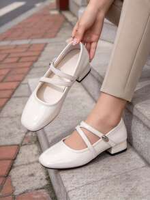 Off White Mary Jane Shoes, Square Toe Crisscross Strap Low Heel Pumps, Adjustable Buckle, Soft PU, Non-Slip Sole, Comfortable Office Shoes For Women - White - View 4