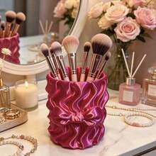 1pc Cute Bow Satin Makeup Brush Holder, Pleated Silky Cosmetic Storage Cup, Decorative Desktop Storage Container Suitable For Vanity, Girls Makeup Accessories - Multicolor - View 5