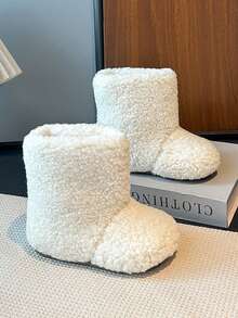 Kids Faux Sherpa Plush Boots - Soft Synthetic Fleece Winter Shoes Non-Slip Warm Indoor Outdoor - Beige - View 5