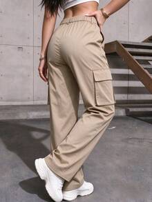 Women's Summer/Autumn Solid Color Multi-Pocket Cargo Pants, Straight Leg, Outdoor Sports Long Pants - Khaki - View 5