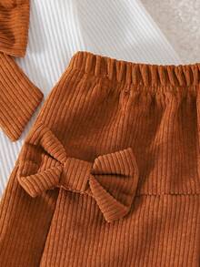 2pcs/Set Young Girl Casual Minimalist Style 3D Bow White Long Sleeve Top & Brown Skirt Set, Spring/Autumn - White - View 8