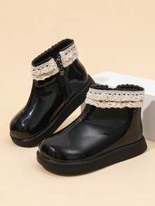 RS Black Patent Girls Ankle Boots Cream Lace Ruffle Trim Side Zipper Round Toe Thick Sole Toddler Short Boots For Daily Party - Black - View 3