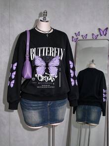 Purple Butterfly Pattern With Butterfly Print On Cuffs, Soft And Breathable, Women's Plus Size Top, Suitable For Autumn/Winter Wear - Black - View 1