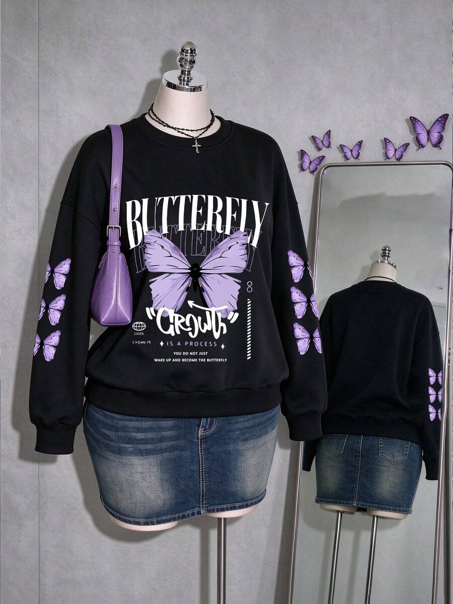 Purple Butterfly Pattern With Butterfly Print On Cuffs, Soft And Breathable, Women's Plus Size Top, Suitable For Autumn/Winter Wear - Black - View 1