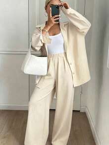 Women's Solid Color Loose Shirt And Wide Leg Pants 2 Pieces Set, Casual Chic, Suitable For Vacation, Daily Wear, Summer Spring Elegant - Apricot - View 1