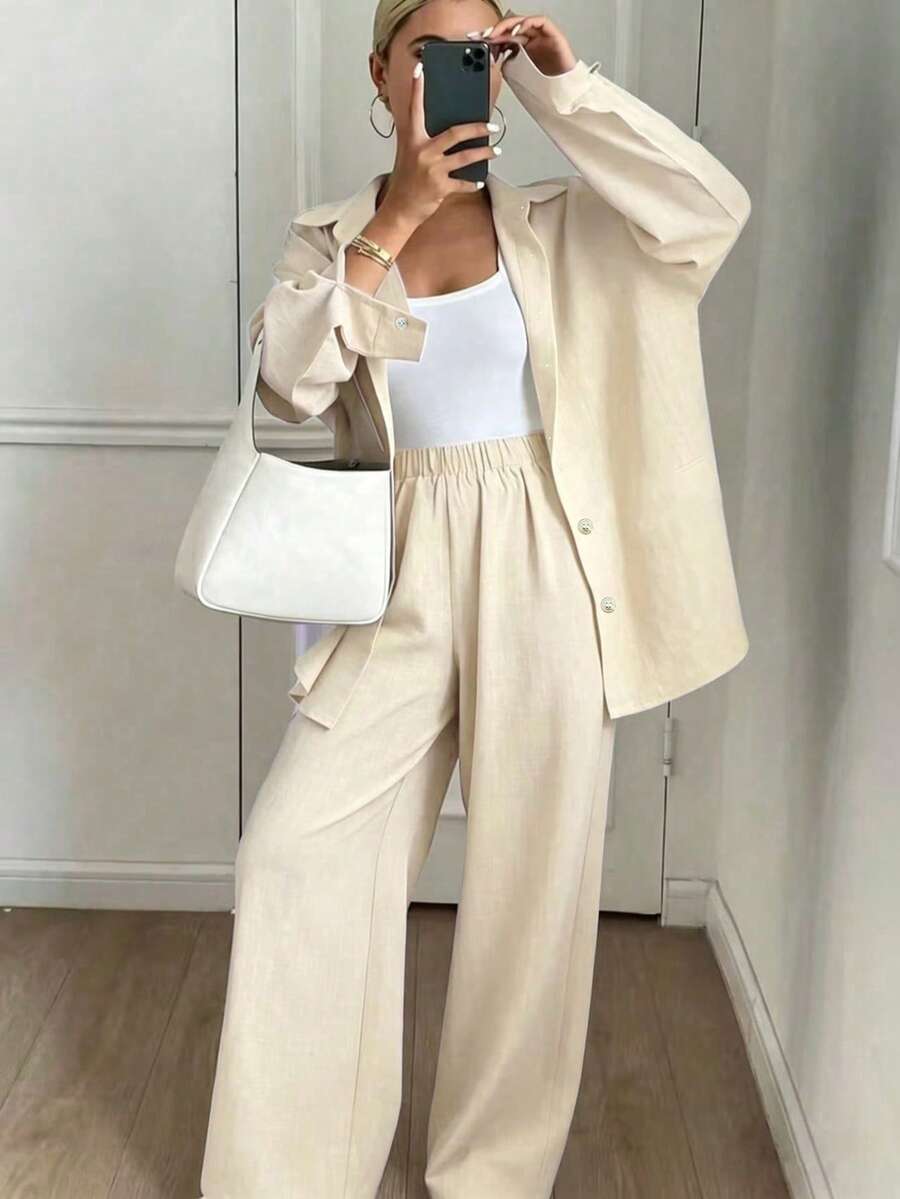 Women's Solid Color Loose Shirt And Wide Leg Pants 2 Pieces Set, Casual Chic, Suitable For Vacation, Daily Wear, Summer Spring Elegant - Apricot - View 1