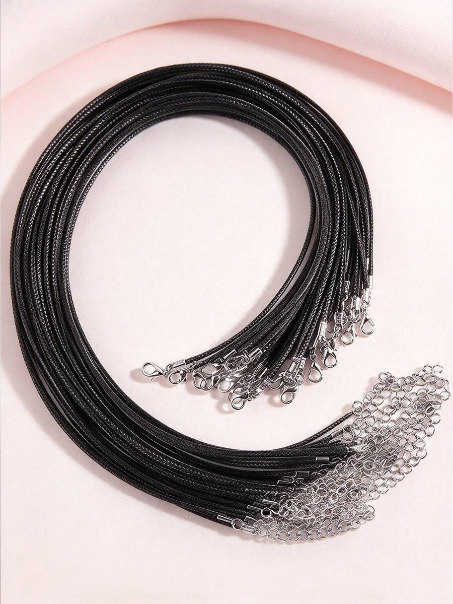 10/20/50 Pcs Tali Kulit Hitam Kepang yang Dapat Diatur, Tali Lilin, Kalung Buatan Tangan DIY, Liontin, Gesper Lobster, Rantai Perhiasan - Hitam - View 1