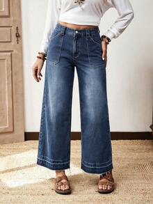 Plus-Size Women's High-Waisted Straight-Leg Frayed Jeans With Buttons,Y2K Autumn/Winterstyle,Suitable For Casual,Fashionable,Everyday,And Holiday Wear - Blue - View 6