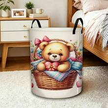 1pc Cute Teddy Bear Print Foldable Laundry Basket, Round Fabric Storage Bin With Handles, Clothes Organizer - Multicolor - View 1
