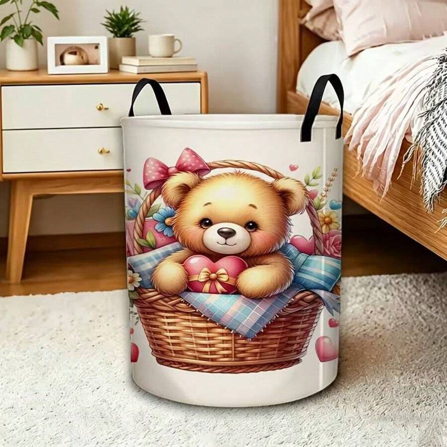 1pc Cute Teddy Bear Print Foldable Laundry Basket, Round Fabric Storage Bin With Handles, Clothes Organizer - Multicolor - View 1