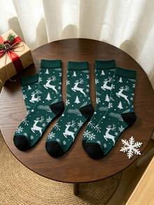 1/3/5 Pairs Christmas Style Green Mid-Calf Socks With Reindeer And Snowflake Jacquard Pattern, Unisex Comfortable Socks For Autumn/Winter, Holiday Gift - Dark Green - View 13