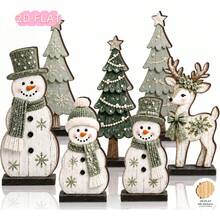 7pcs Wooden Snowman Tree Deer Desktop Decor Set, Sage Green, Rustic Christmas Tiered Display, Home Bedroom Entryway Bookshelf Holiday Party Scene Decoration - Holiday Decoration - View 7
