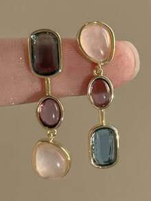 2PCS Vintage Asymmetric Gemstone Drop Earrings For Women Colorful Retro Statement Dangle Earrings Jewelry Gift Accessory - Multicolor - View 1