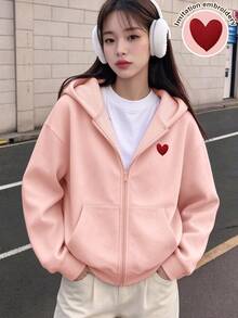 1pc Girls' Zip-Up Hoodie Jacket With Applique Embroidery Red Heart Pattern, Suitable For Tween Girl, Autumn/Winter, Campus Style, Homecoming Outfit - Pink - View 10