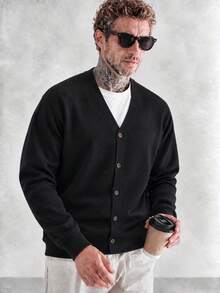 Men's V-Neck Single-Breasted Knit Cardigan, Solid Color Loose Long Sleeve Sweater, Casual Jacket For Autumn/Winter/Spring - Black - View 6