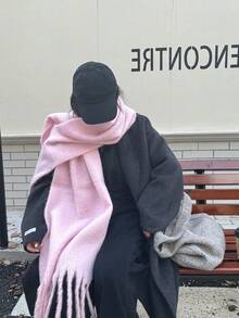1pc Solid Color Scarf, Winter Warm Neck, Thickened Wool Knitted Tassel Shawl, Winter Dress Scarf - Pink - View 3