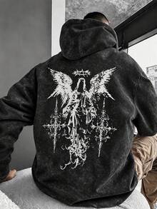 Men's Distressed Washed Hooded Sweatshirt, Autumn/Winter Gothic Angel Cross Back Print, Loose Streetwear Pullover Hoodie - Black - View 3