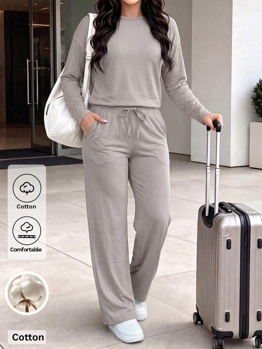 GLAMSKIN Women's Autumn Cotton 2 Pieces Set, Long Sleeve Round Neck Top + Drawstring Wide Leg Pants, Soft Home Casual Street Style Matching Set - Light Khaki - View 1