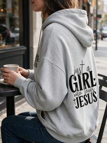 Plus size sweatshirt med dragsko och Jesus-slogan, mjuk mångsidig pullover, lämplig för höst/vinter, vardagsbruk och pendling - Grå - Visa 6