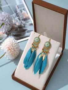 Retro Bohemian Four-Leaf Clover Round Enamel Long Tassel Earrings, White Feather Dangle Earrings For Women - Bohemia - View 8