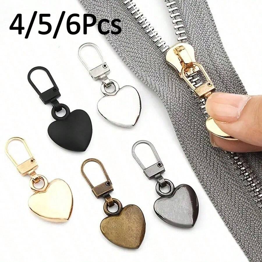 4/5/6Pcs Heart-Shaped Zipper Pulls With Small Hole, Semi-Automatic Detachable Zipper Head, Suitable For Replacing Zippers On Bags, Jackets, Clothes, Shoes And Boots, Pendant Zipper Pulls
