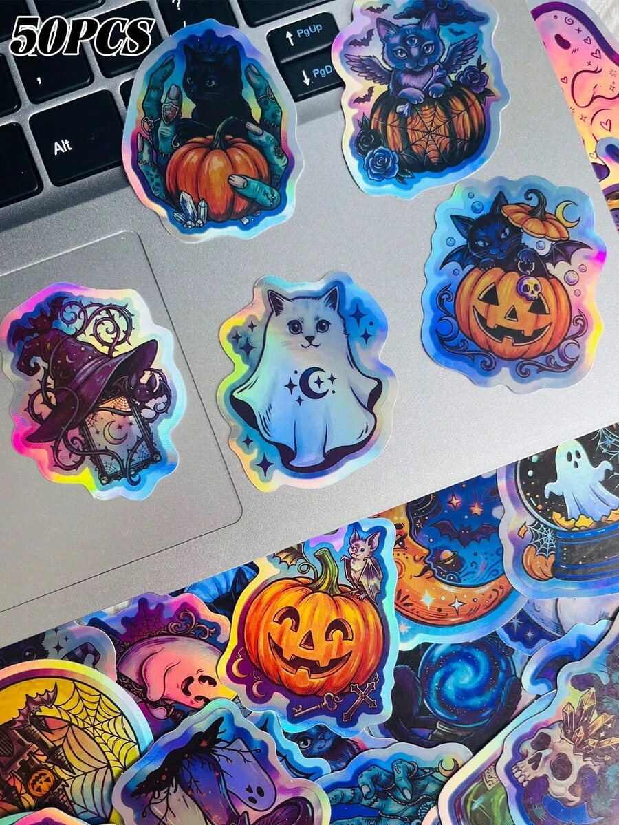 50Pcs Halloween Gothic Stickers, Ghost Pumpkin Witch Potion Bottle Bat Waterproof Stickers, Laptop Water Bottle Scrapbook Journal Decoration Stickers