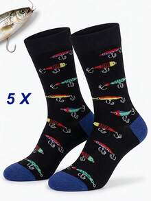 1/3/5 Pairs Men's Fish Hook & Bait Pattern Mid-Calf Socks, Soft Seamless Sports Socks, Suitable For Autumn/Winter, Ideal Gift For Fishing Enthusiasts, Boyfriend, Father - Multicolor - View 10