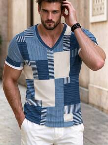 Men's Vintage Patchwork Plaid 3D Print V-Neck Knit Short Sleeve Casual T-Shirt, Summer - Royal Blue - View 3
