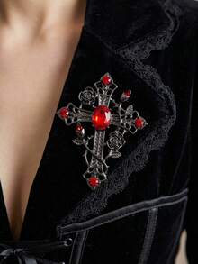 2PCS Dark Gothic Rose Vine Cross Pendant Necklace & Brooch Set For Women Vampire Core Ruby Red Rhinestone Filigree Jewelry Y2K Alt Accessories - Black - View 3