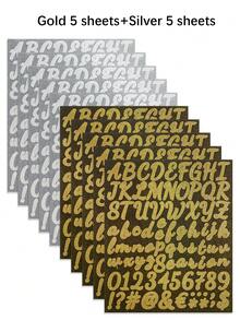 5pcs/415pcs/10pcs/830pcs Gold & Silver Letter & Number Creative DIY Decorative Graffiti Waterproof Stickers, Stationery Stickers For Guitar, Phone, Tablet, Notebook - Letter Stickers - View 14