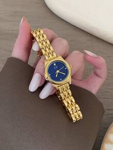 1件女款金色石英手錶，鑲鑽刻度與藍色錶盤，時尚優雅，適合日常配戴 - 金色 - 查看 2