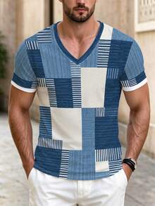 Men's Vintage Patchwork Plaid 3D Print V-Neck Knit Short Sleeve Casual T-Shirt, Summer - Royal Blue - View 1