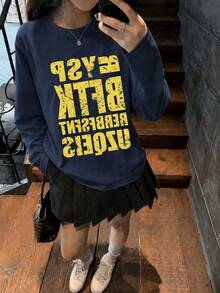 女款街頭風美式設計字母印花 T-shirt，寬鬆版型百搭休閒長袖上衣，海軍藍，秋季 - 藏青色 - 查看 4