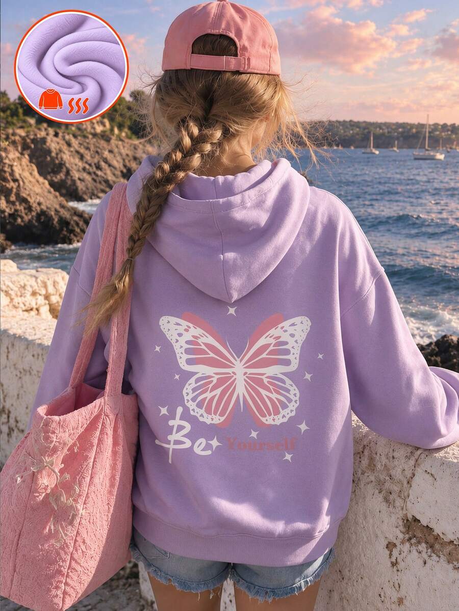 青少年女孩 1件蝴蝶印花連帽衛衣，保暖內裡加厚運動上衣，學生兒童服飾，適合兒童秋冬長袖上衣，Y2k/街頭/度假/時尚/大學