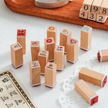 12pcs Beech Wood Stamp Box DIY Journal Decoration Set, Patterns Include Cartoon, Travel, Weather And Numbers, Suitable For Cross-Border - Single Piece - View 2