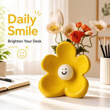 1pc Cute Smiling Face Ceramic Vase Decor, High-End Living Room Flower Arrangement, Entryway Home Decoration, Niche Desktop Ornament, Suitable For Home Decor And Tabletop Decoration - Sunflower - View 1