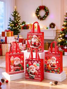 4pcs/Set Christmas Non-Woven Tote Bags/Santa Claus And Reindeer Patterns Red Handbags/Reusable Non-Woven Gift Packaging Bags/Perfect For Christmas Party Decor/Xmas Atmosphere Supplies/For Shopping, Travel And Storage - Red - View 3