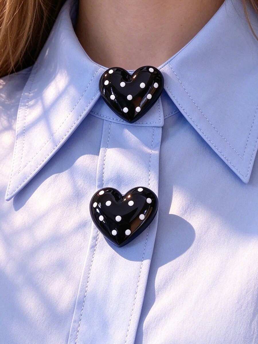 1pc/2pcs Elegant Polka Dot Heart-Shaped Button Cover, Shirt Button Cover Clip-On Button Cover Fashion Crystal Cufflink Cover - Black - View 1