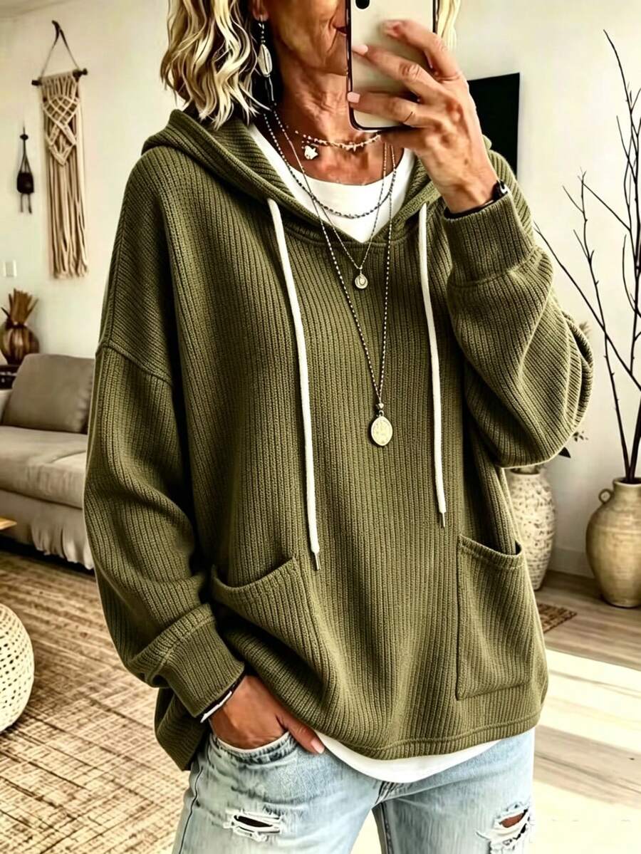 Plus Size Knit Elastic Solid Color Sweatshirt, Pullover Style With Drawstring Hood And Long Sleeves - Army Green - View 1