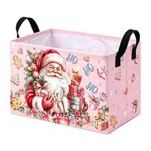 1pc Pink Christmas Santa Print Foldable Rectangular Fabric Storage Basket With Handles, Sturdy Clothes Organizer For Bedroom Closet Storage Bin, Collapsible Laundry Hamper, Space Saving Holiday Home Decor, Portable Utility Storage Tote - Multicolor - View 6