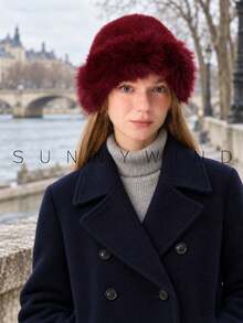 1pc Women's Solid Color Sweet Cute Elegant Warm Versatile Fashion Polyester Faux Fur Hat For Autumn/Winter Daily Wear - Burgundy - View 3