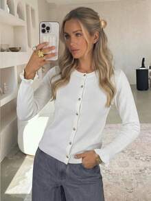 Women's Fall Winter Going Out Outfits Cardigang White Vintage Y2K Metal Buckle Ruffled White Soft And Sticky Knitted Sweater - White - View 4