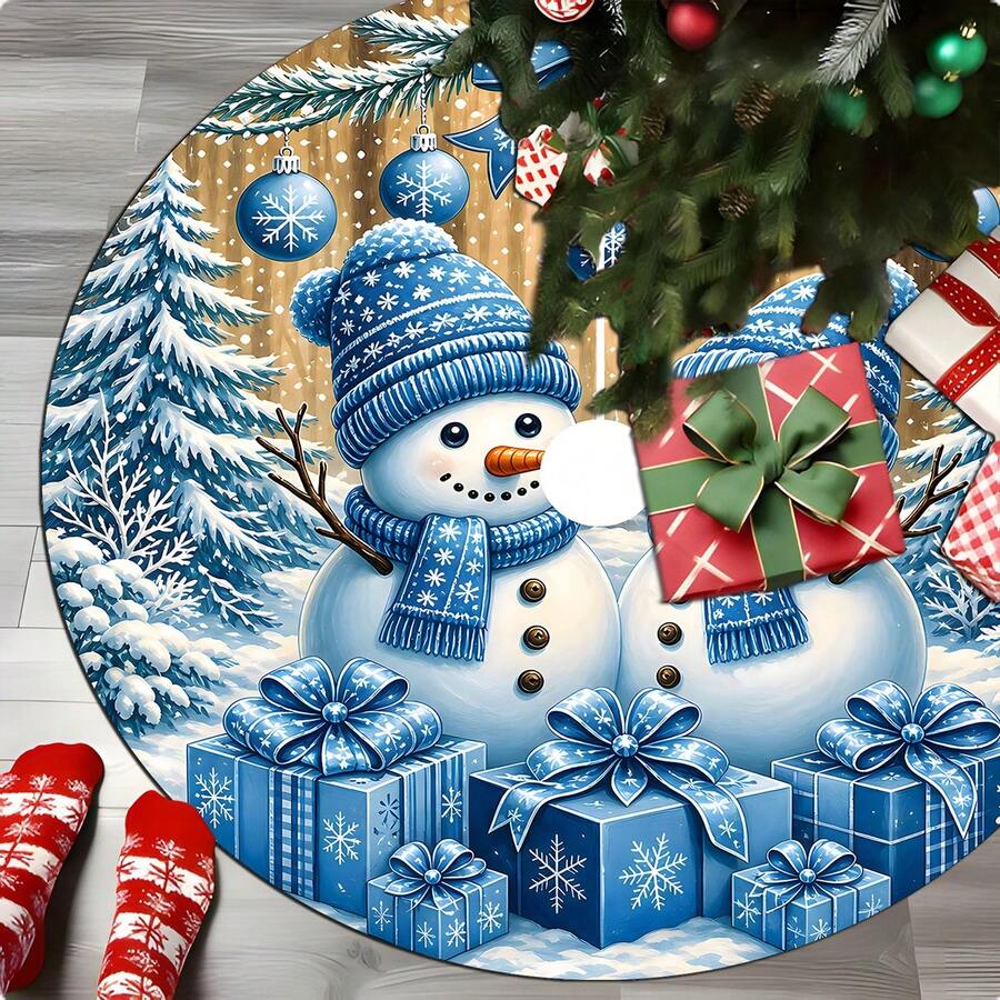 1/100Pcs Blue Christmas Tree Skirt, With Snowman And Gift Box Pattern, Round Tree Base Decoration, Suitable For Winter Party And Home Holiday Decor (60/90cm Diameter Christmas Tree), Christmas Decoration - Multicolor - View 1
