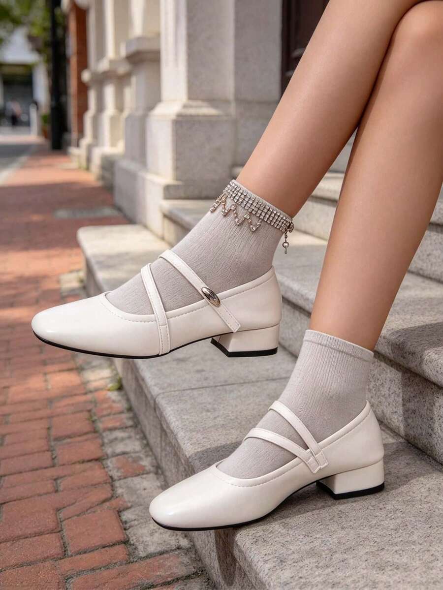 Off White Mary Jane Shoes, Square Toe Crisscross Strap Low Heel Pumps, Adjustable Buckle, Soft PU, Non-Slip Sole, Comfortable Office Shoes For Women - White - View 1