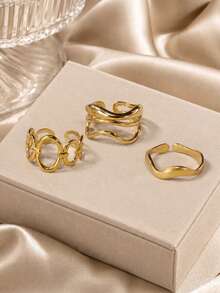 3pcs Gold Open Ring Set, Interlocking Circle, Wavy Wrap, Wide Ripple Design, Adjustable, European And American Niche Style, Stackable Combination Accessory - Gold - View 2
